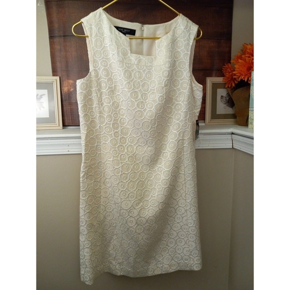 Nine West Ivory/gold Sheath Sleeveless Square Neck Dress W/pockets  Size 10 - Picture 1 of 16